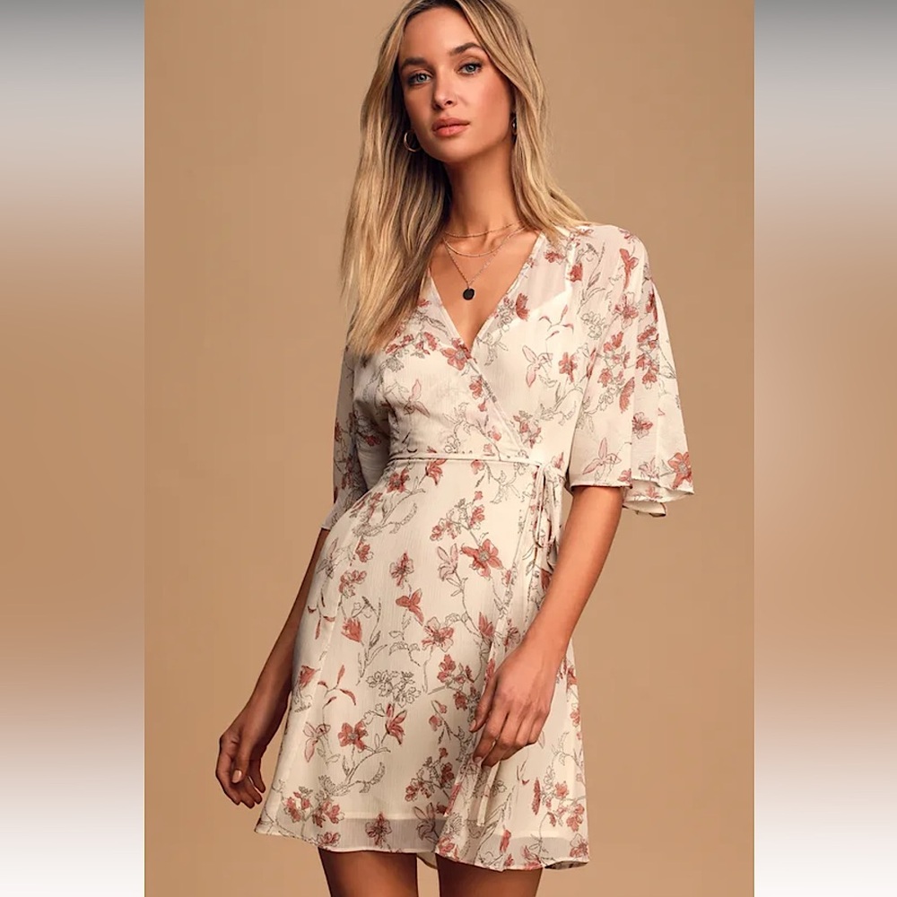 Lulus All Along Beige Floral Print Faux Wrap Mini Dress